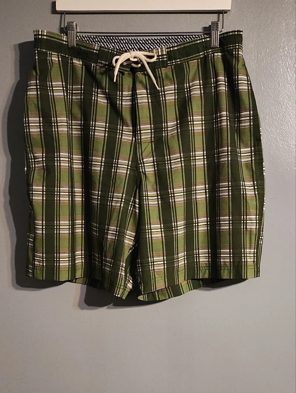 Roundtree & Yorke Olive and White Plaid Swim Shorts